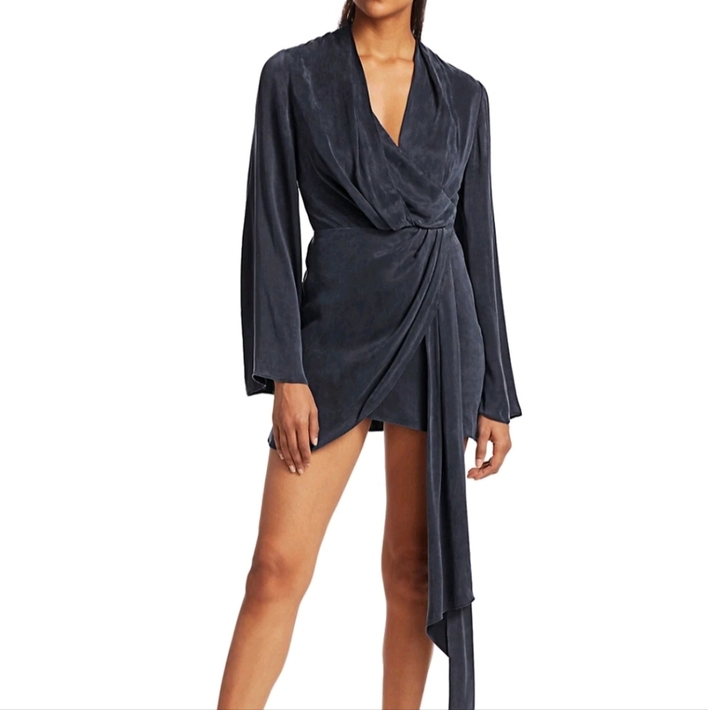 Acler Martin Flute Sleeve Mini Dress SZ 8 Faux Wrap Midnight Blue Party Cocktail